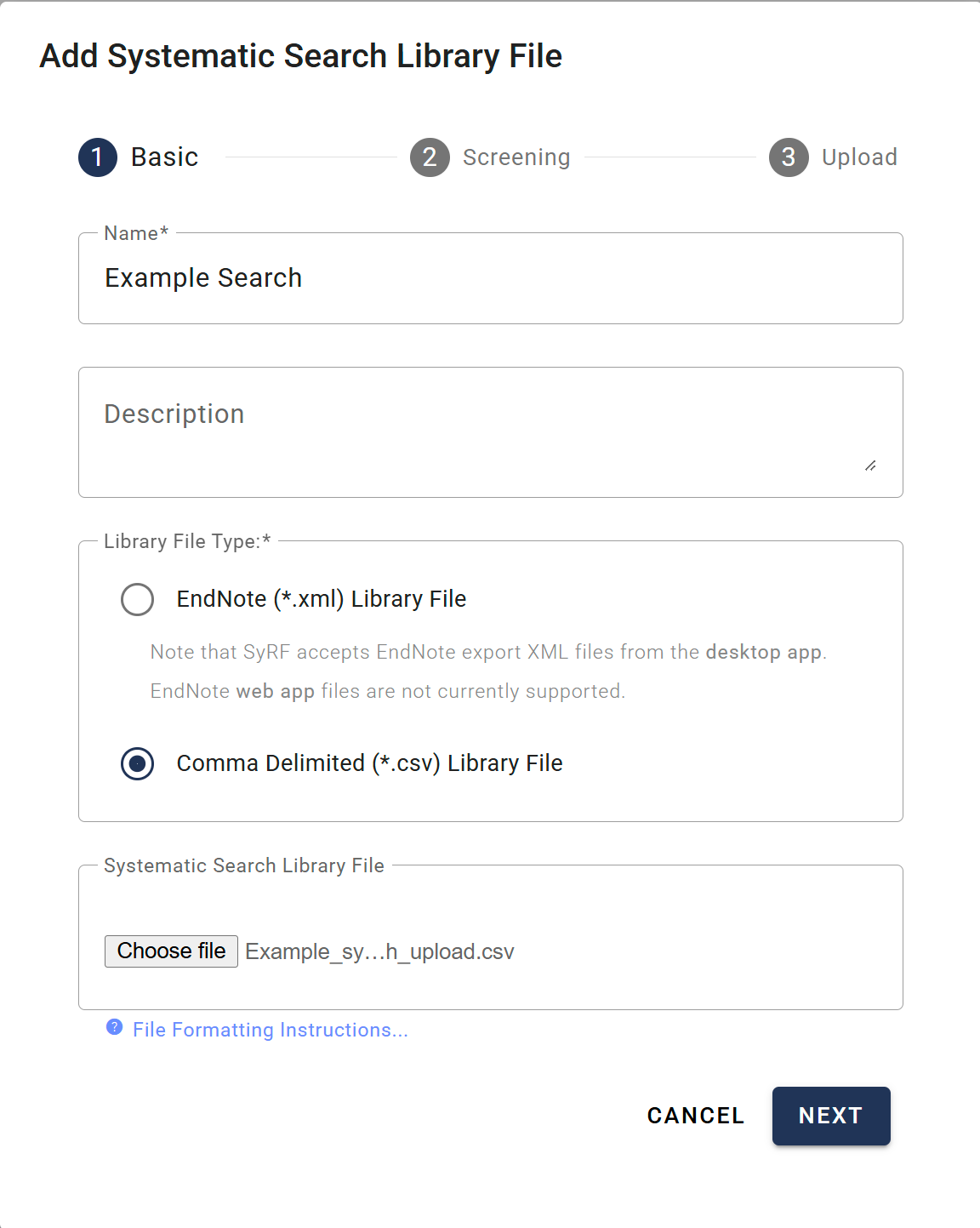 Screenshot showing the Basic Information step in the upload wizard